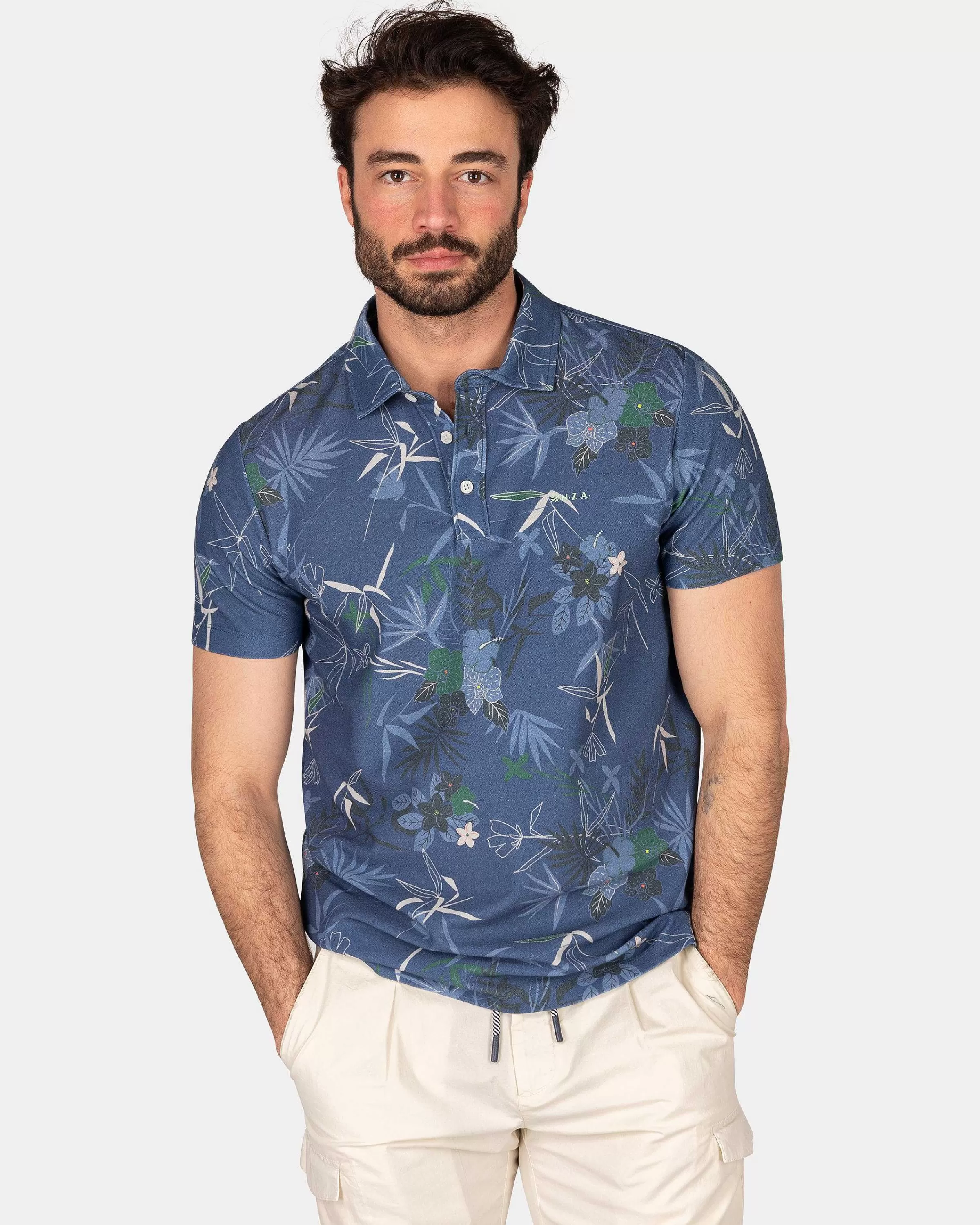 NZA New Zealand Auckland Polo-Shirts | Navy Polo Met Bloemenprint-Dusk Navy