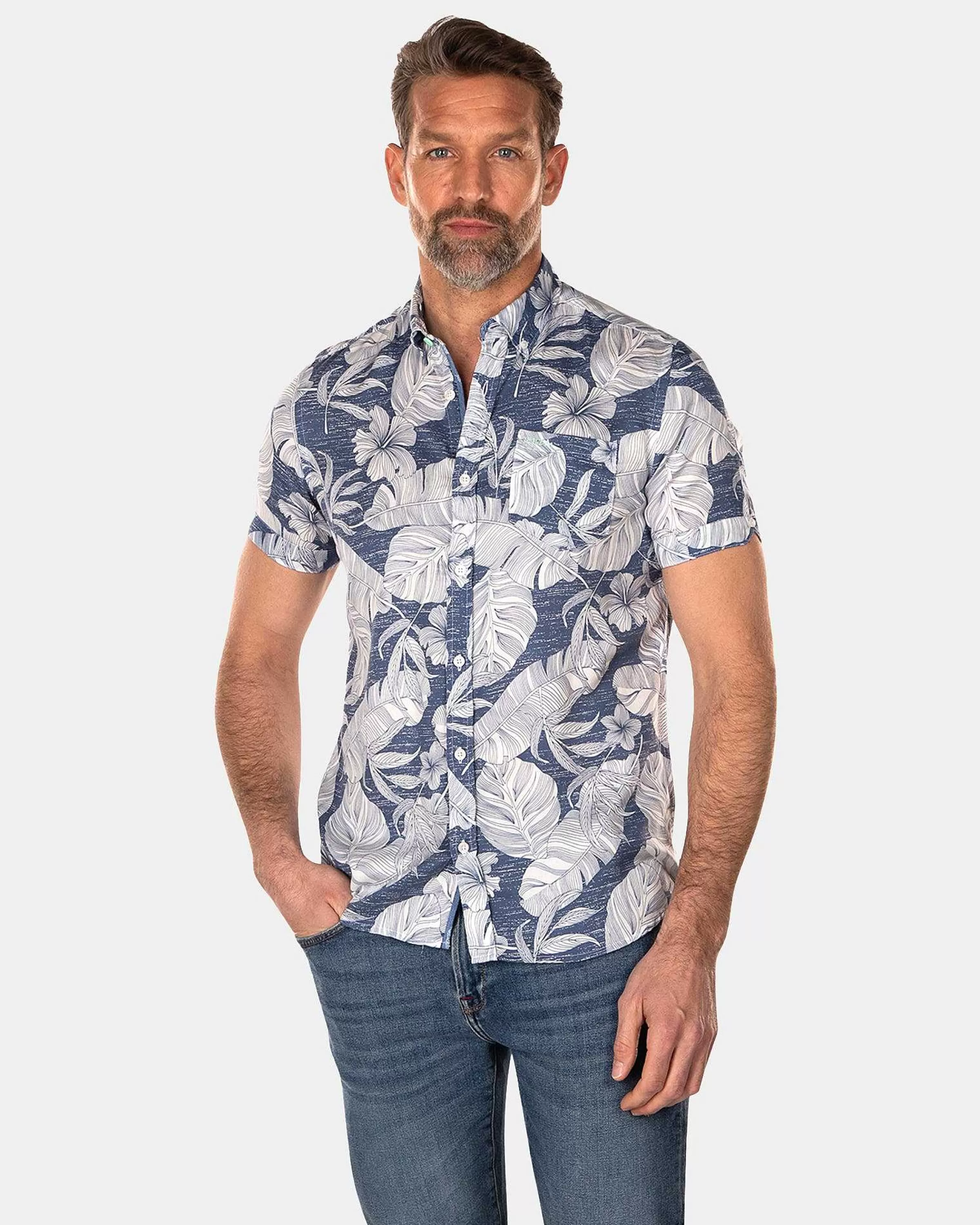 NZA New Zealand Auckland Overhemden | Overhemd Met Korte Mouw En Bloemenprint-Dusk Navy