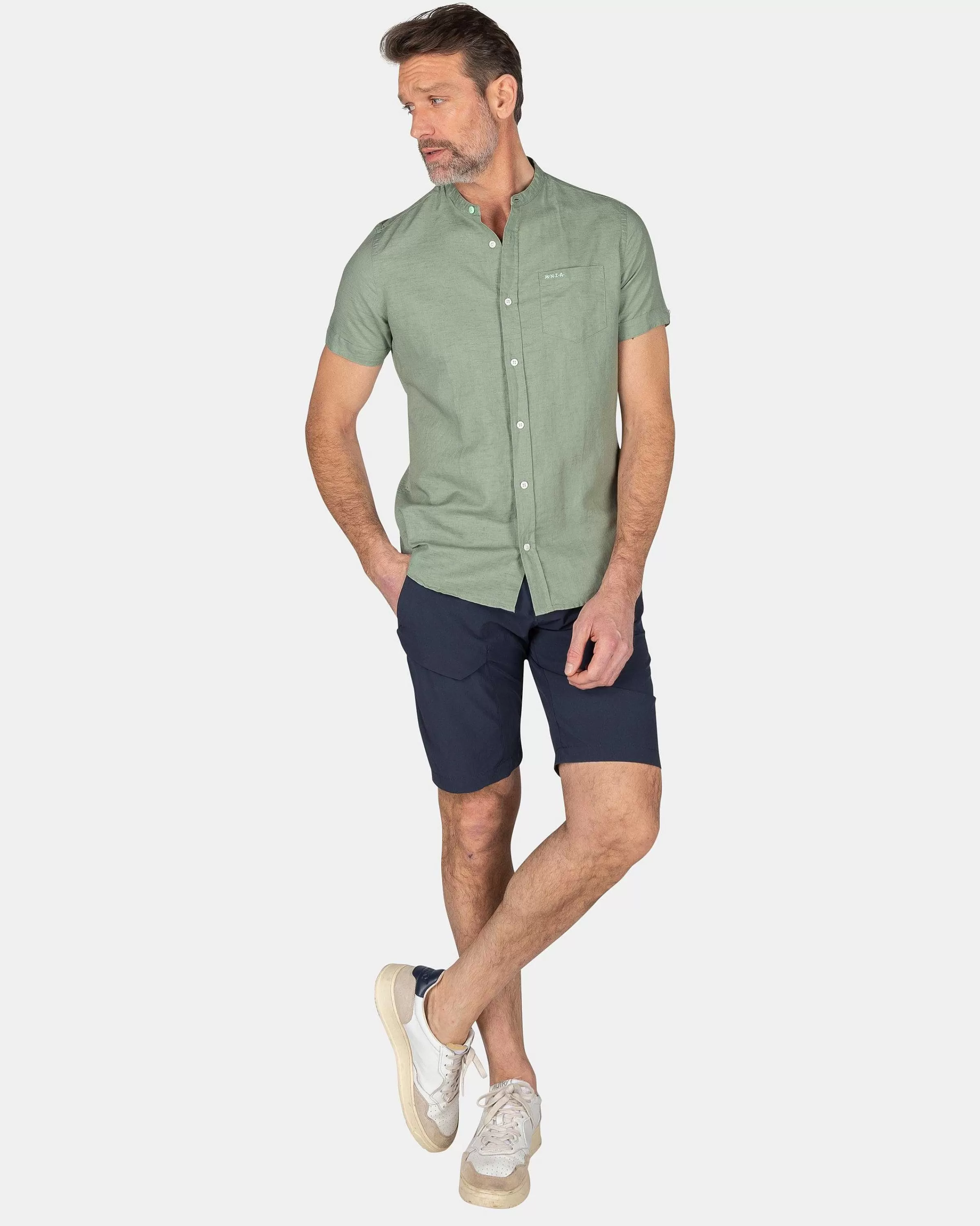 NZA New Zealand Auckland Overhemden | Overhemd Zonder Kraag Met Korte Mouw-Mellow Army