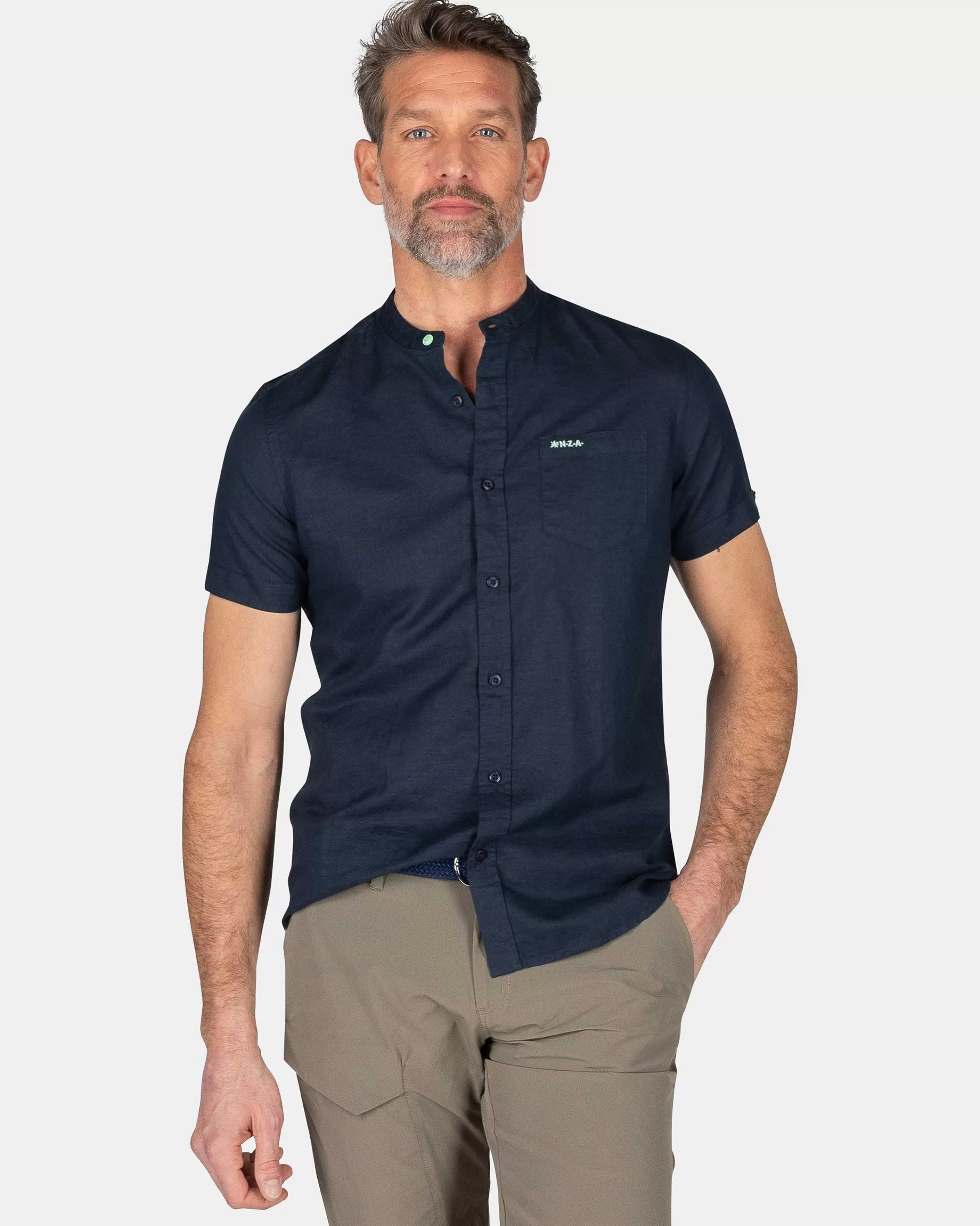NZA New Zealand Auckland Overhemden | Overhemd Zonder Kraag Met Korte Mouw-Traditional Navy