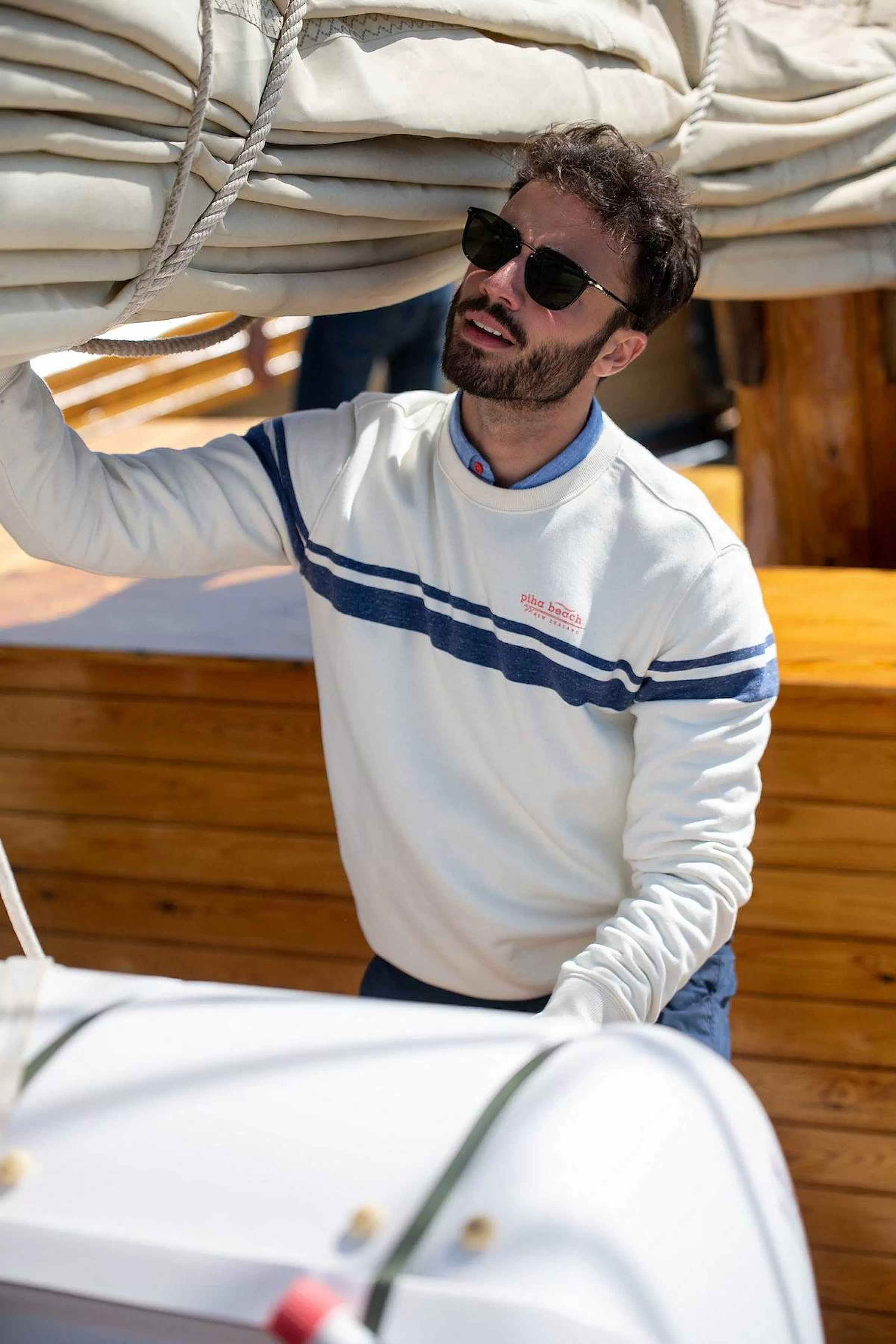 NZA New Zealand Auckland Sweats | Witte Sweater Met Blauwe Streep-Cream